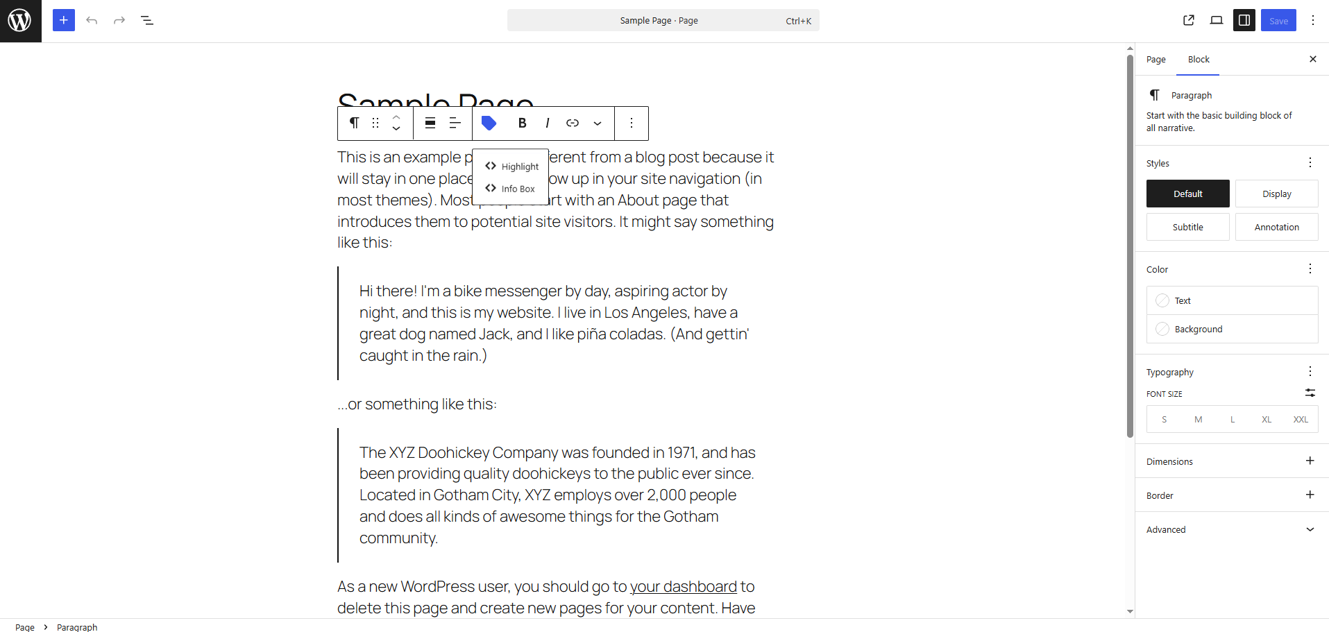 Custom Quicktags are available directly inside the editor toolbar for the selected post types. Authors can quickly insert predefined HTML snippets or content structures, such as highlights and info boxes, without manually writing code. The Quicktags work seamlessly within the supported editors, helping create consistent and reusable content elements.