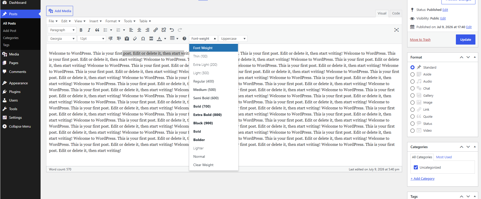 This menu allows users to quickly change the font-weight of selected text directly within the TinyMCE editor without writing CSS manually.