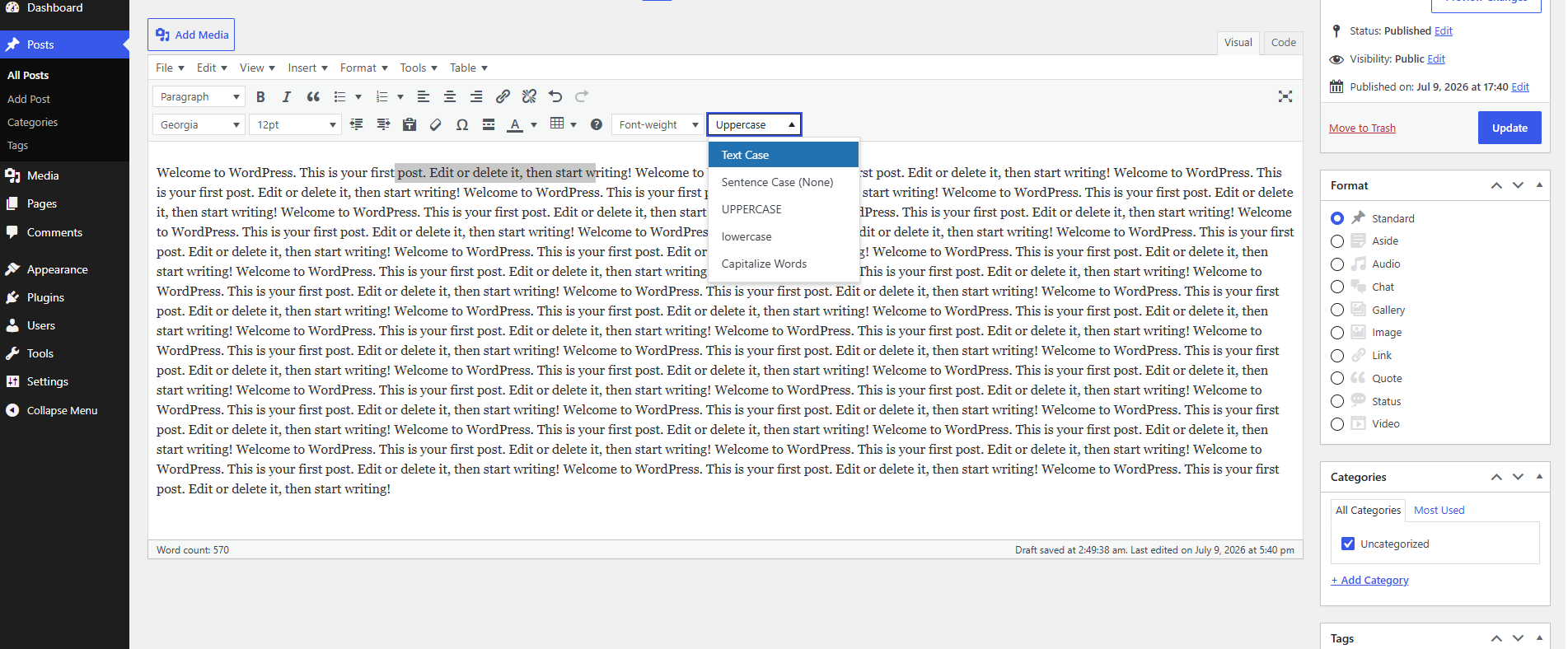 This menu allows users to quickly transform the letter casing of selected text directly within the TinyMCE editor, making content formatting faster and more consistent.