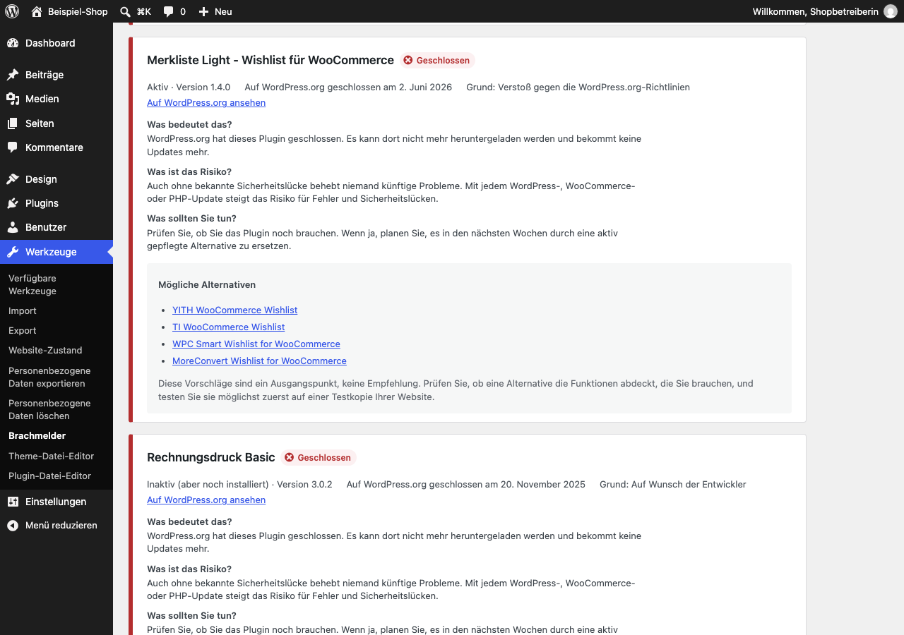 A closed plugin: what the status means, what the risk is, what to do, and possible alternatives from WordPress.org.