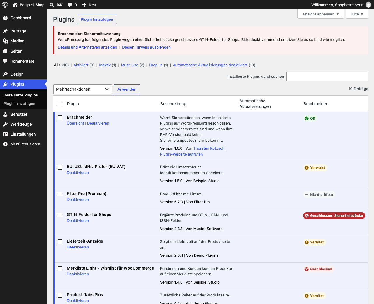 Plugin list with a Brachmelder status badge for every plugin and the notice for a plugin closed because of a security issue.