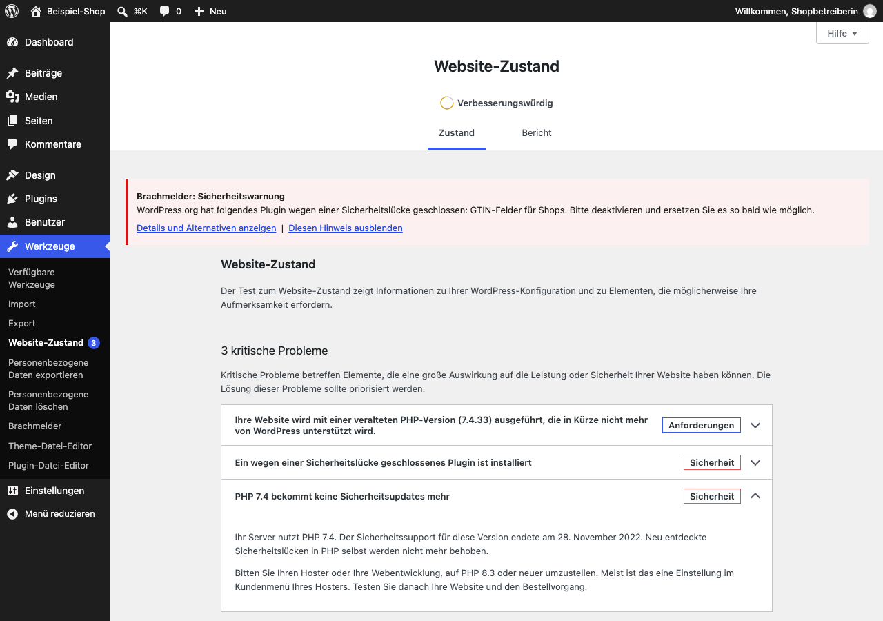 Site Health test showing that the server's PHP version no longer receives security updates.