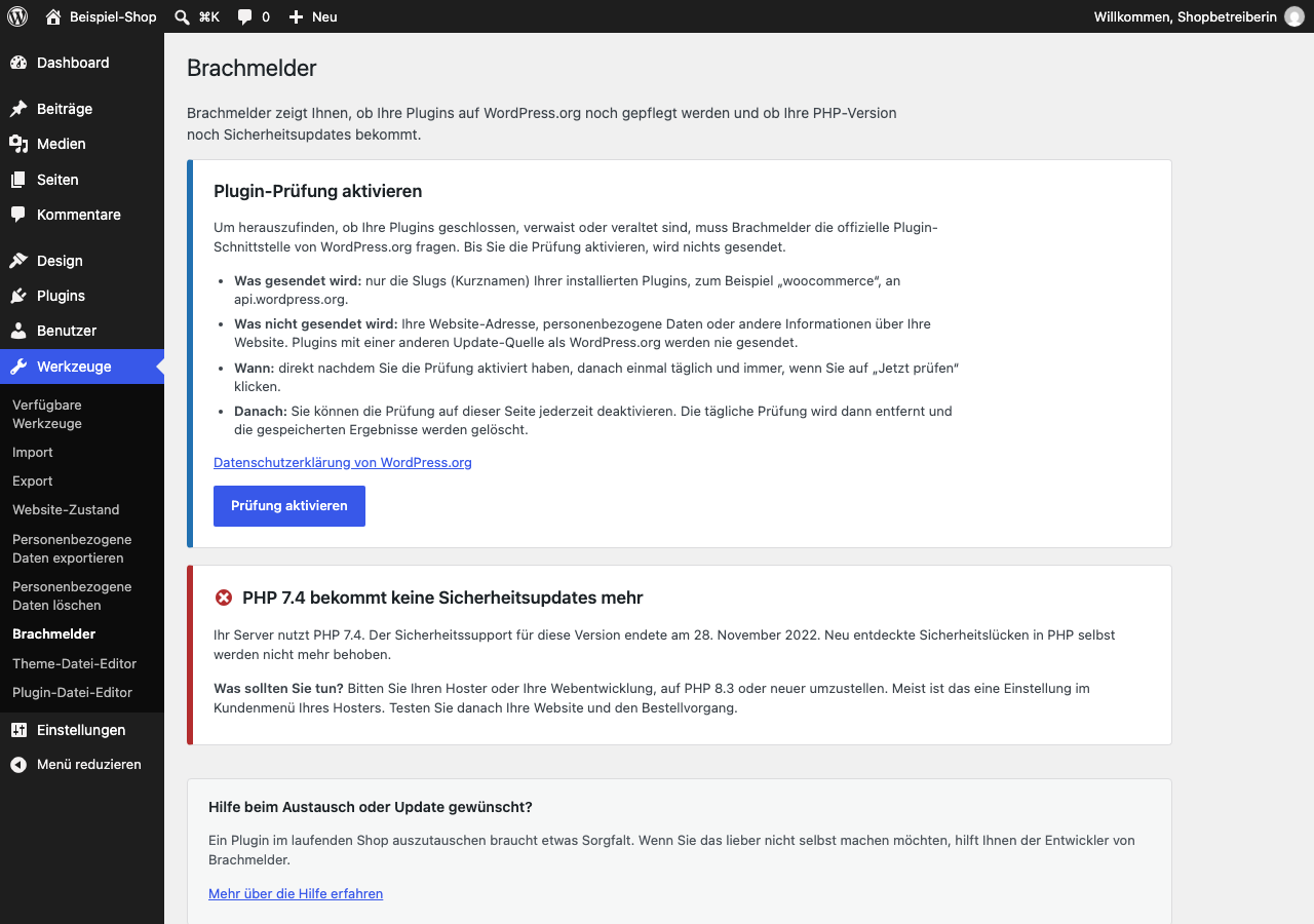 Before the first check: Brachmelder explains which data the plugin check sends to WordPress.org and waits until an administrator clicks "Enable check".