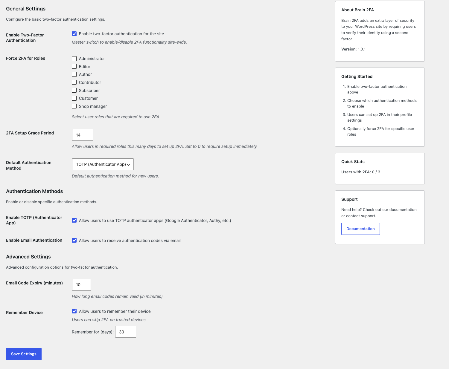 Site-wide settings: enable 2FA, require it for selected roles, set the setup grace period and choose the available methods.