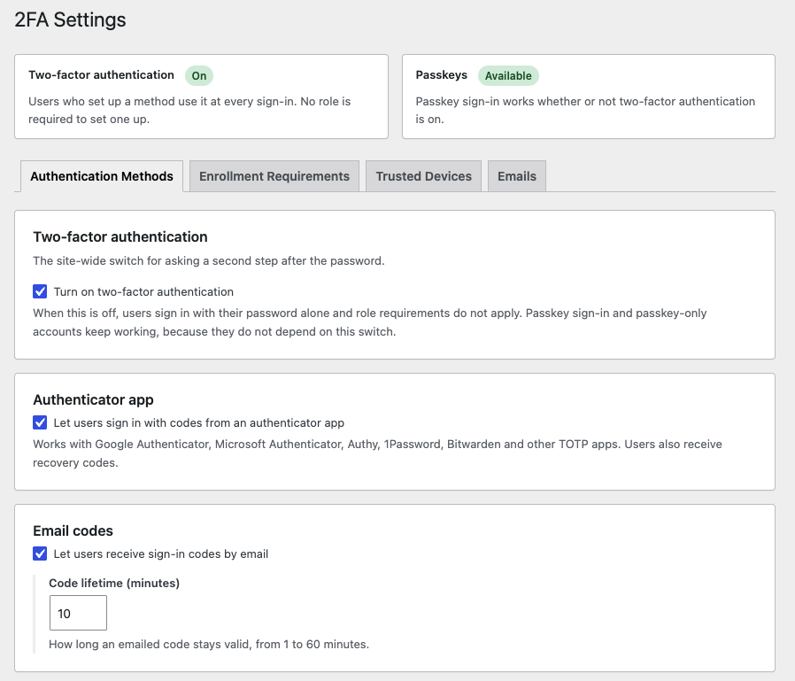 Authentication Methods settings: turn on two-factor authentication, the authenticator app and email codes, with a status summary at the top.
