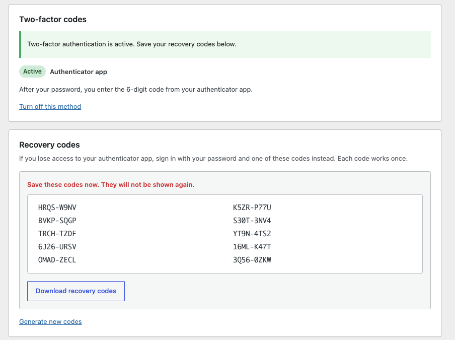Authenticator app active, with one-time recovery codes to download and store safely.