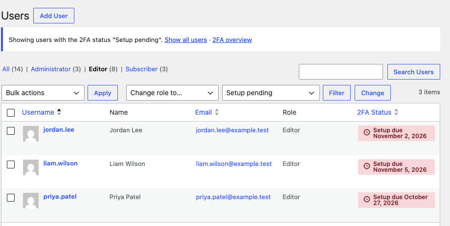 The Users list filtered by 2FA status, with each user's setup deadline.
