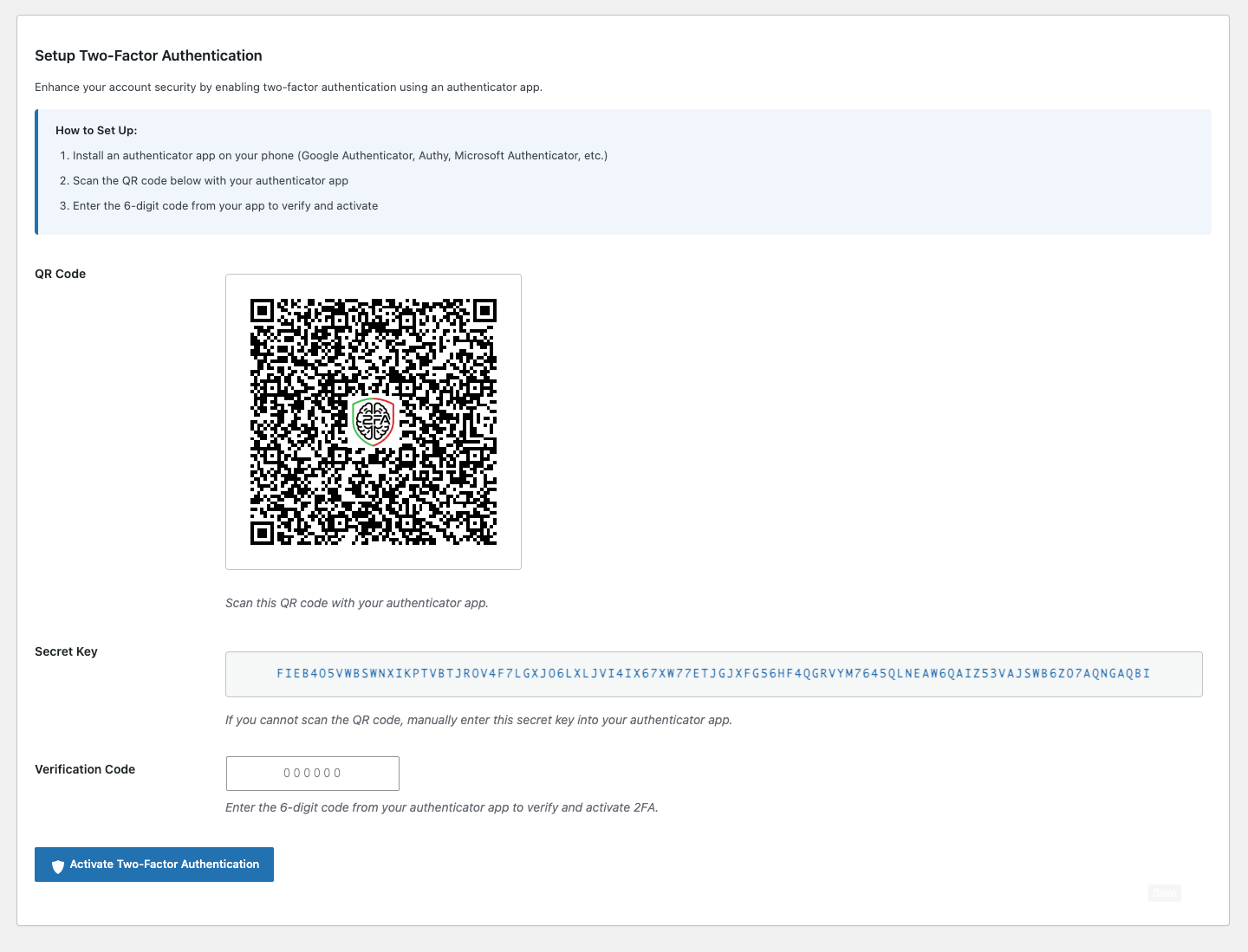Authenticator app setup: scan the QR code or enter the secret key manually, then confirm with a code.