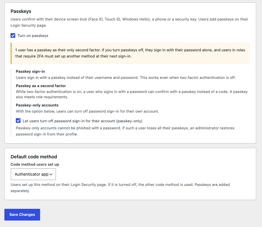 Passkey settings: passkey sign-in, passkeys as a second factor, optional passkey-only accounts and the default code method.
