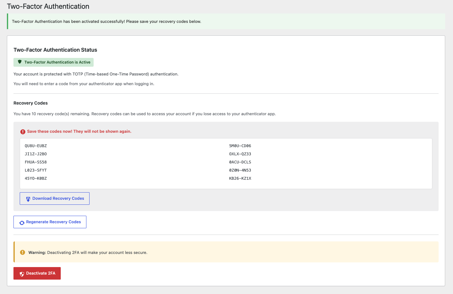 Two-factor authentication active, with one-time recovery codes to download and store safely.