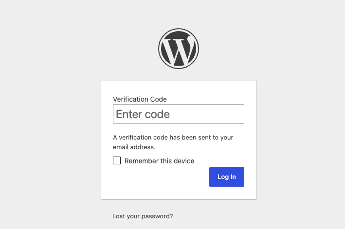 The verification code step on the WordPress login form, with the "Remember this device" option.