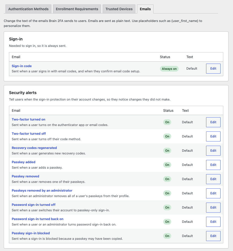 Emails: the sign-in code email and nine security alerts, each with editable text.