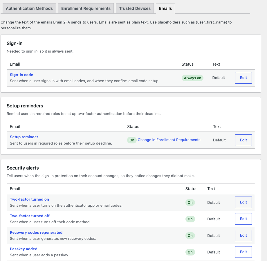 Emails: the sign-in code, the setup reminder and nine security alerts, each with editable text.