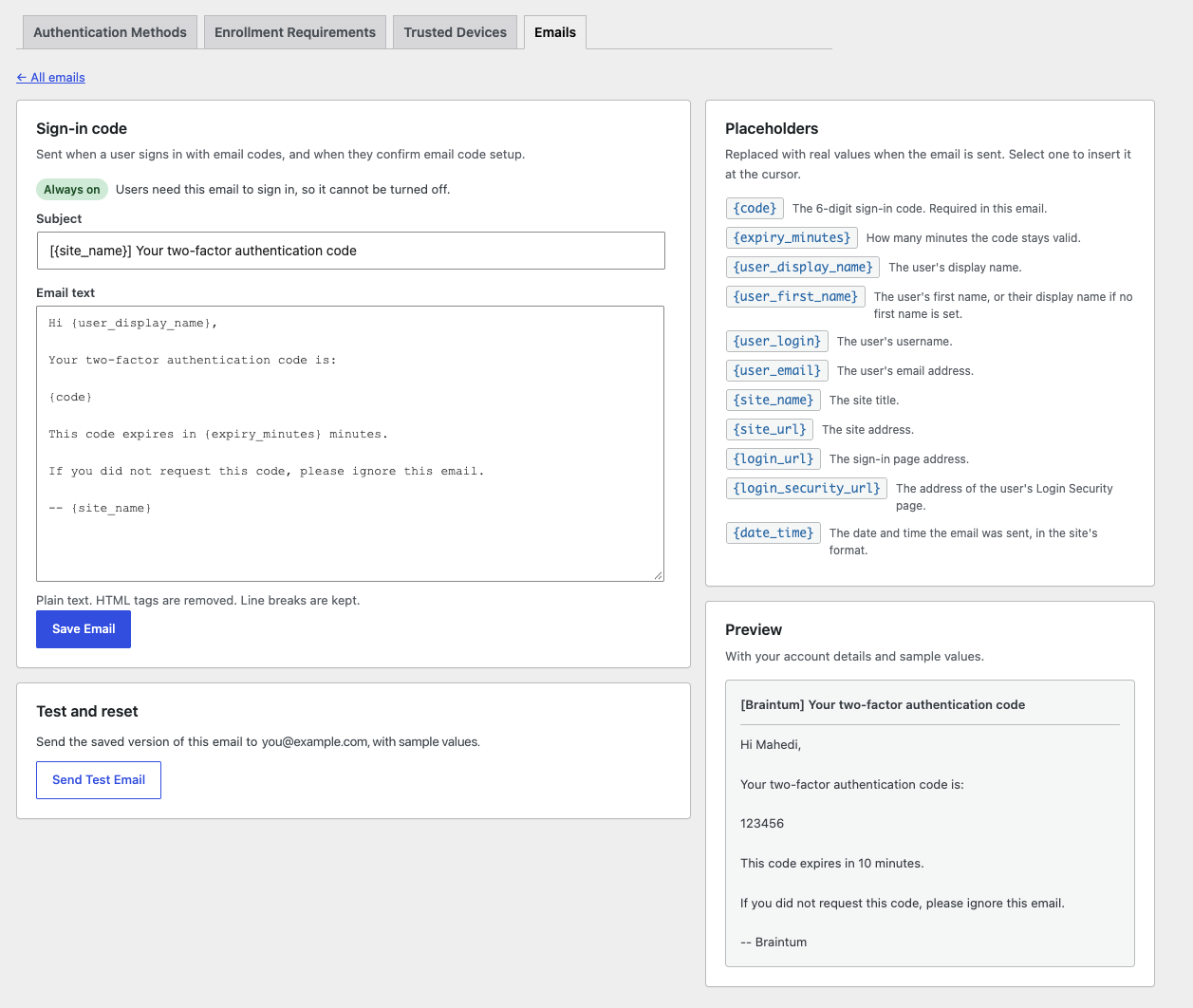 Editing an email: subject and text with placeholders, a live preview and a test email.