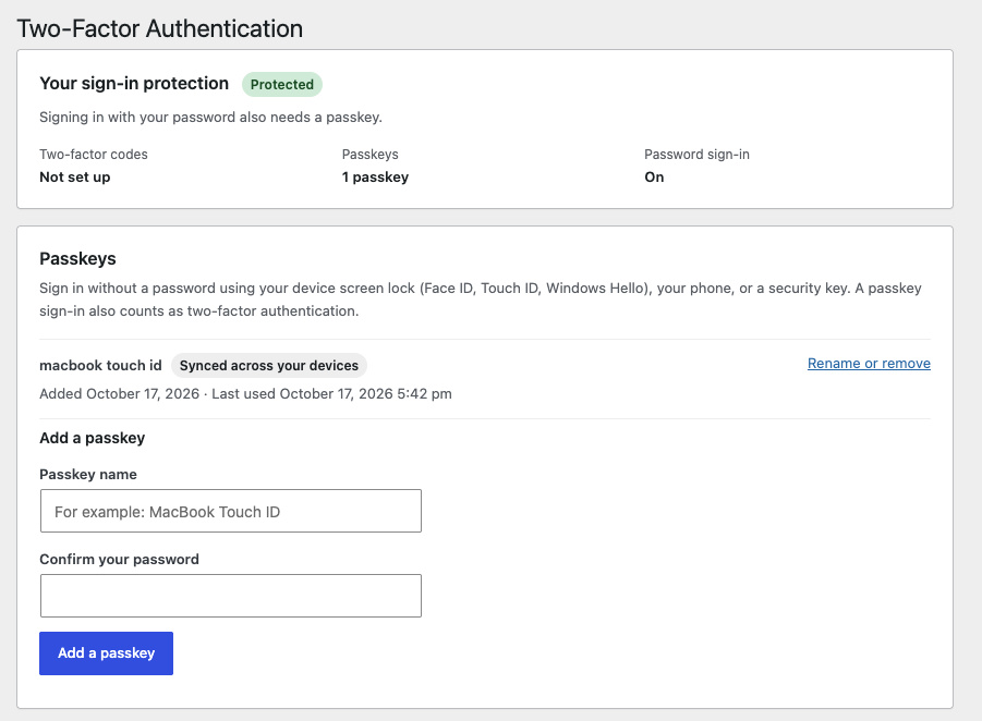 The Login Security page: a summary of your sign-in protection and your passkeys.