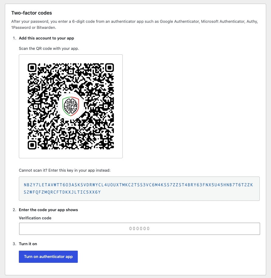 Authenticator app setup: scan the QR code or enter the key manually, then confirm with a code.