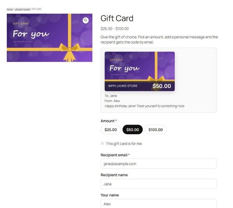 Gift card product page with amount choice, personal message and live preview.
