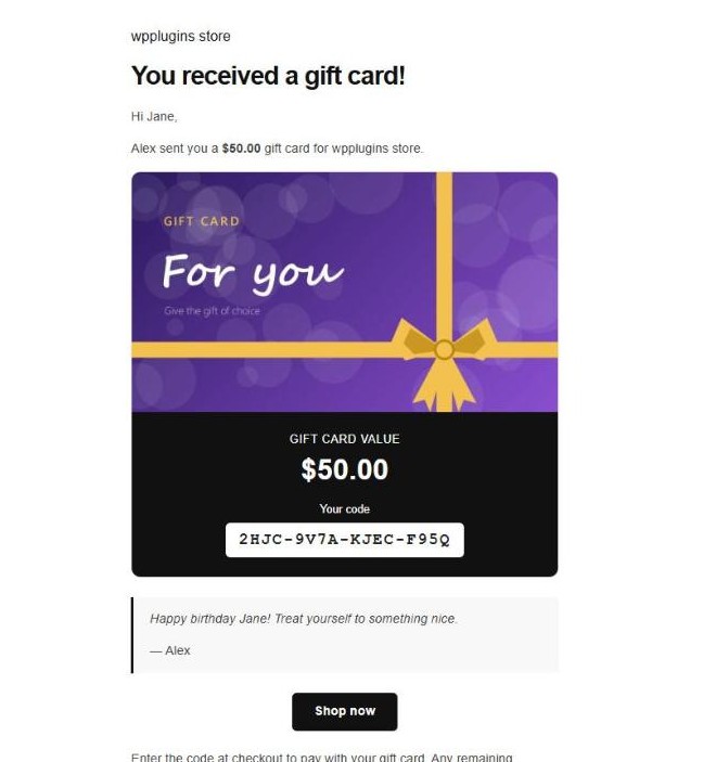 The gift card email received by the recipient.