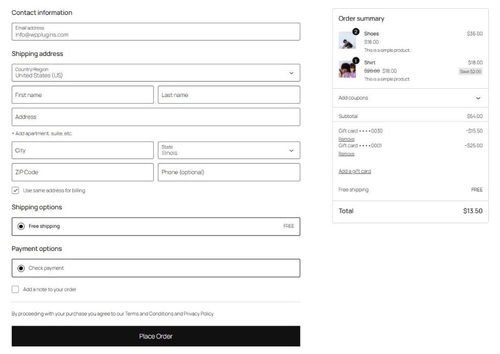 Redeeming a gift card in the Checkout block — partial balance, several cards per order.