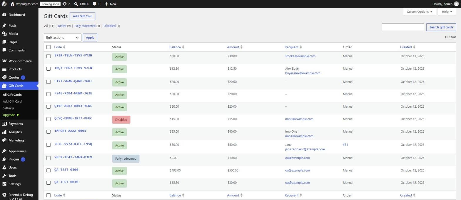 Gift card manager with status filters and search.