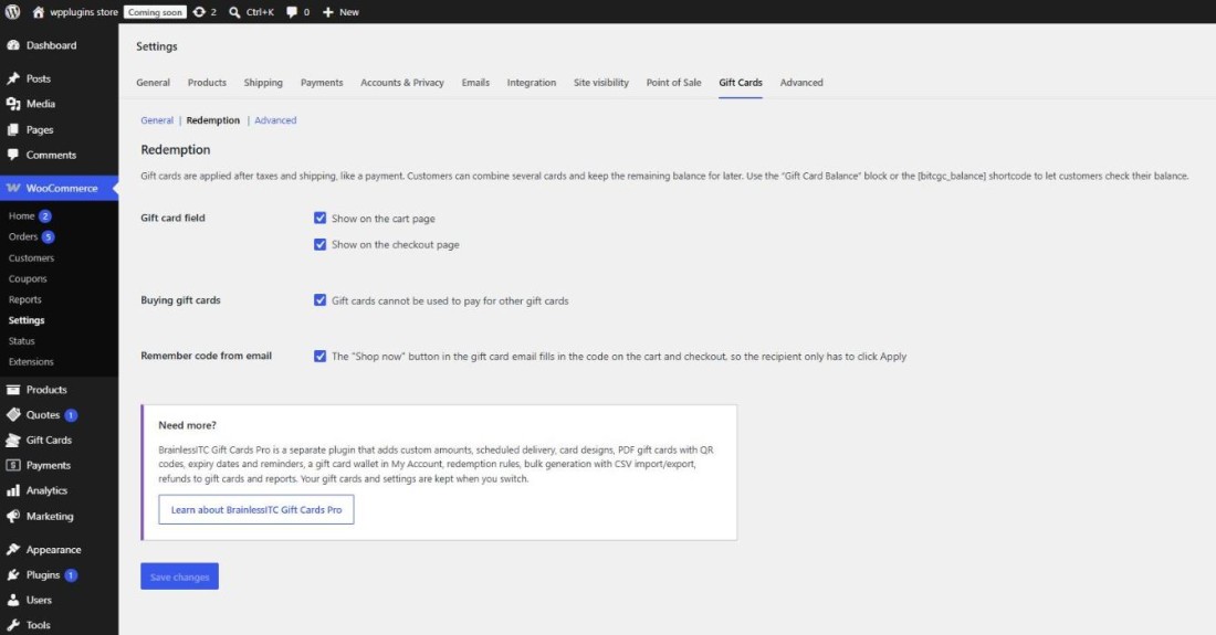 Settings in WooCommerce > Settings > Gift Cards.