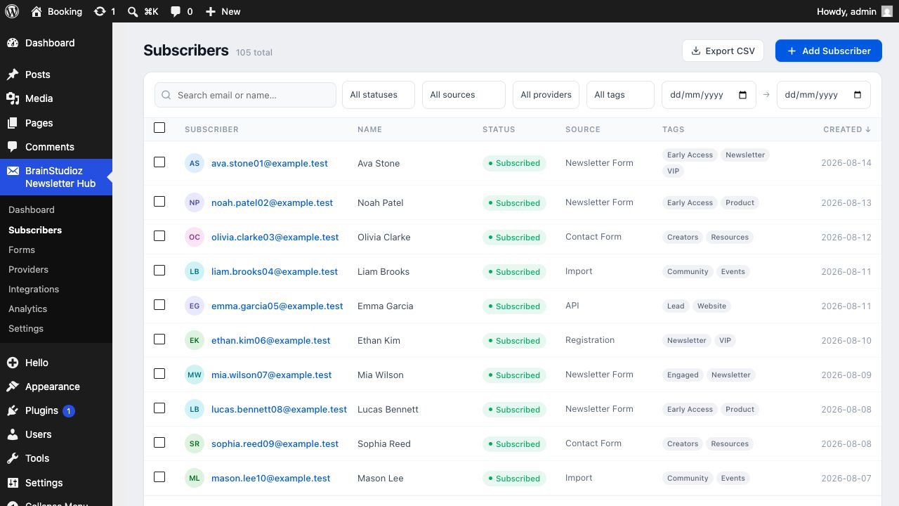 Subscribers — search, filter, tag, import, and export the local subscriber database.