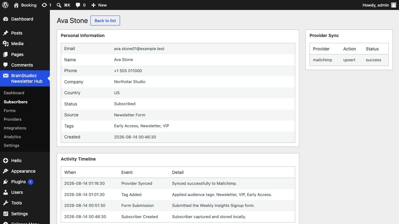 Subscriber profile — view contact details, provider connections, and activity history.