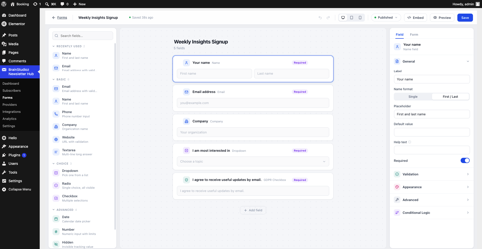 Form builder — create a newsletter signup form and choose how it appears on your site.