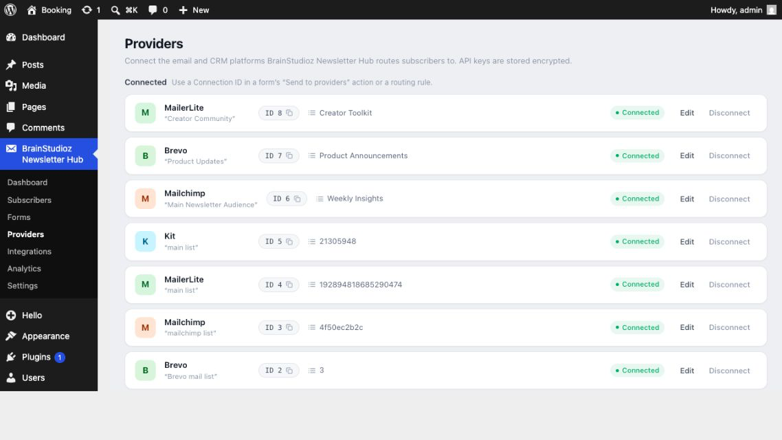 Providers — connect email marketing services and configure lists, tags, and field mappings.