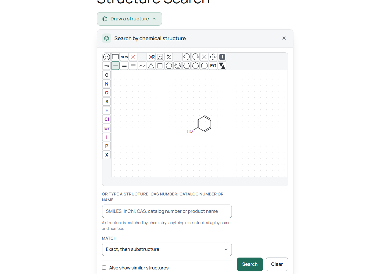 Storefront – the search drawer: draw a structure, or type a SMILES, InChI, CAS number, catalog number or product name.