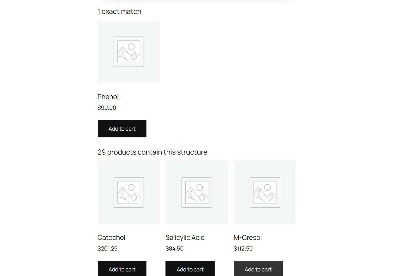 Storefront – results: matching products rendered by the store's own theme, exact matches first, then everything containing the drawn structure.