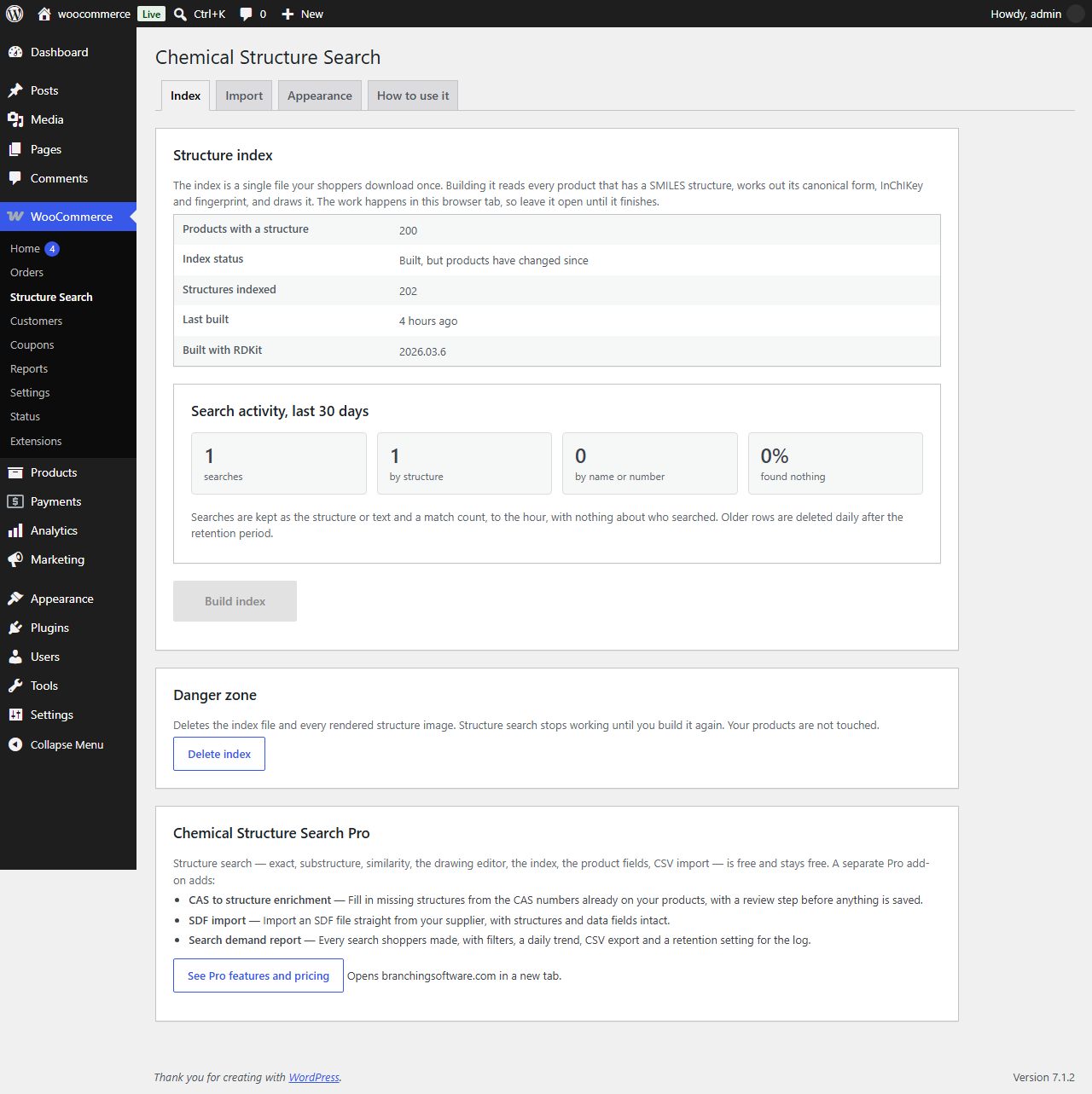 WooCommerce → Structure Search – Index tab: build the structure index in the browser and see the last 30 days of search activity.