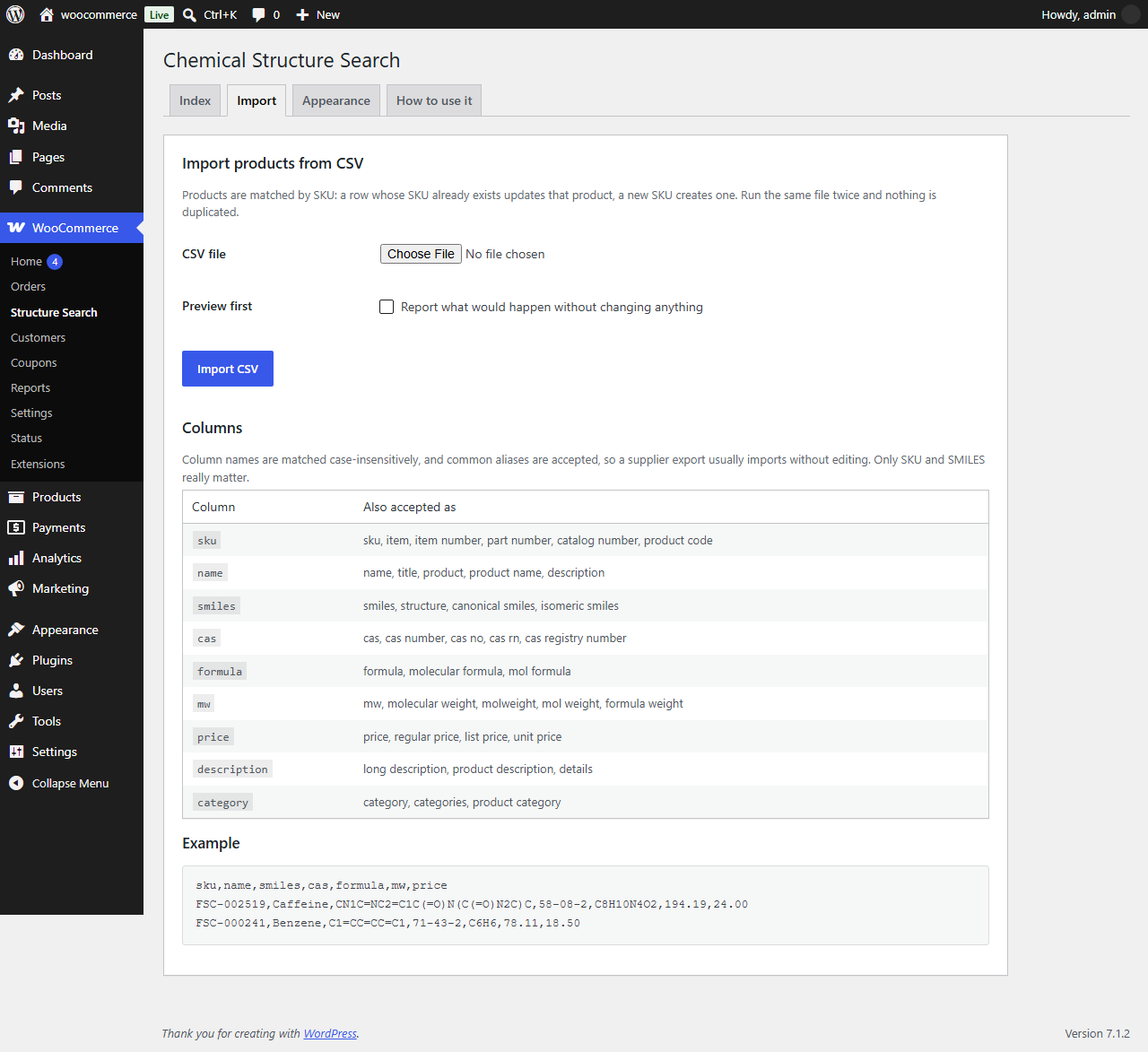 WooCommerce → Structure Search – Import tab: CSV import that accepts the column names suppliers already use.