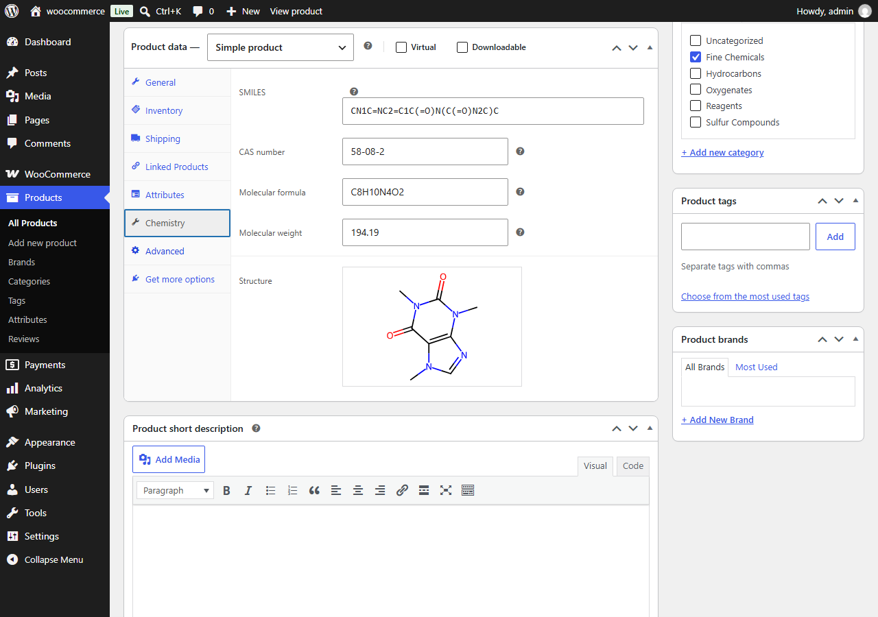 Product edit screen – Chemistry tab: SMILES, CAS number, molecular formula and molecular weight on every product.