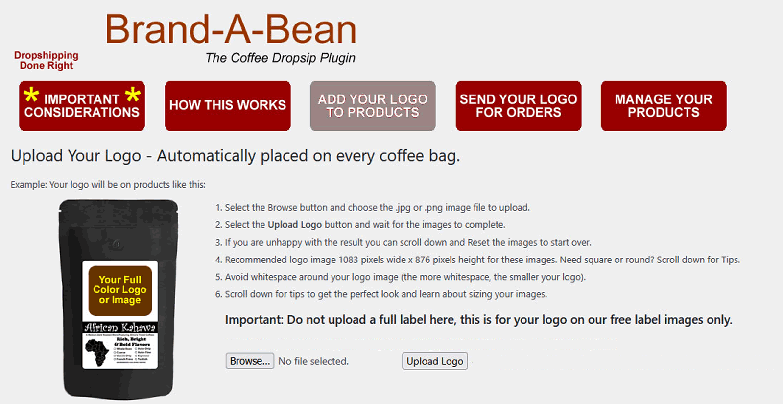 screenshot-1.png – The logo upload page that places the uploaded logo on the coffee products.