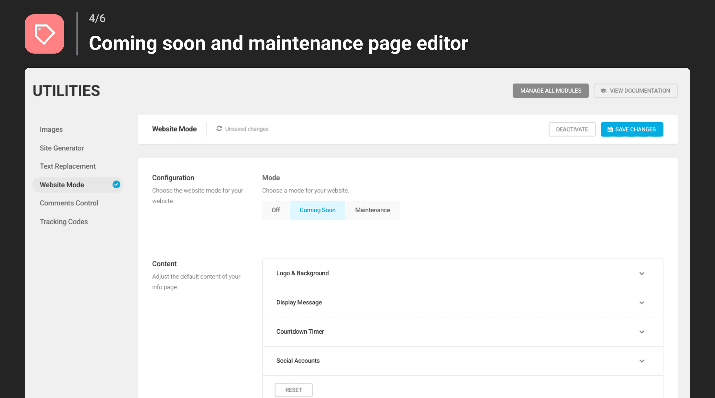 Coming Soon and maintenance page editor