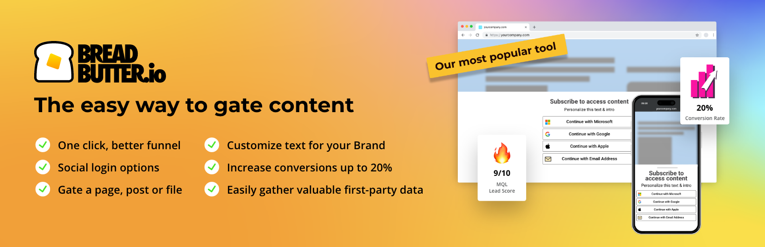 WordPress 外掛 Bread & Butter: Gate content + Capture leads + Collect first-party data + Nurture with Ai agents 的封面圖片。