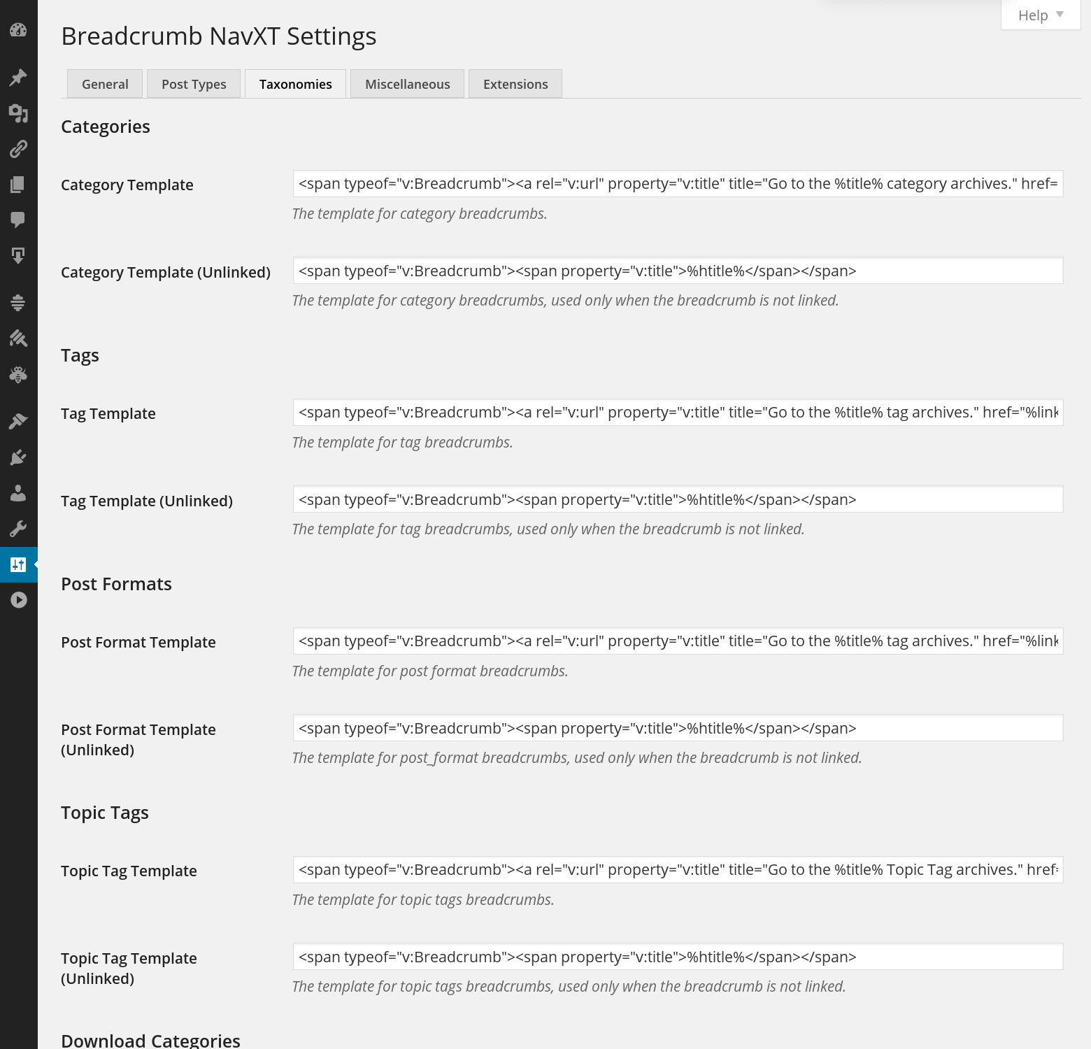 A screenshot of the Taxonomies tab of the settings page