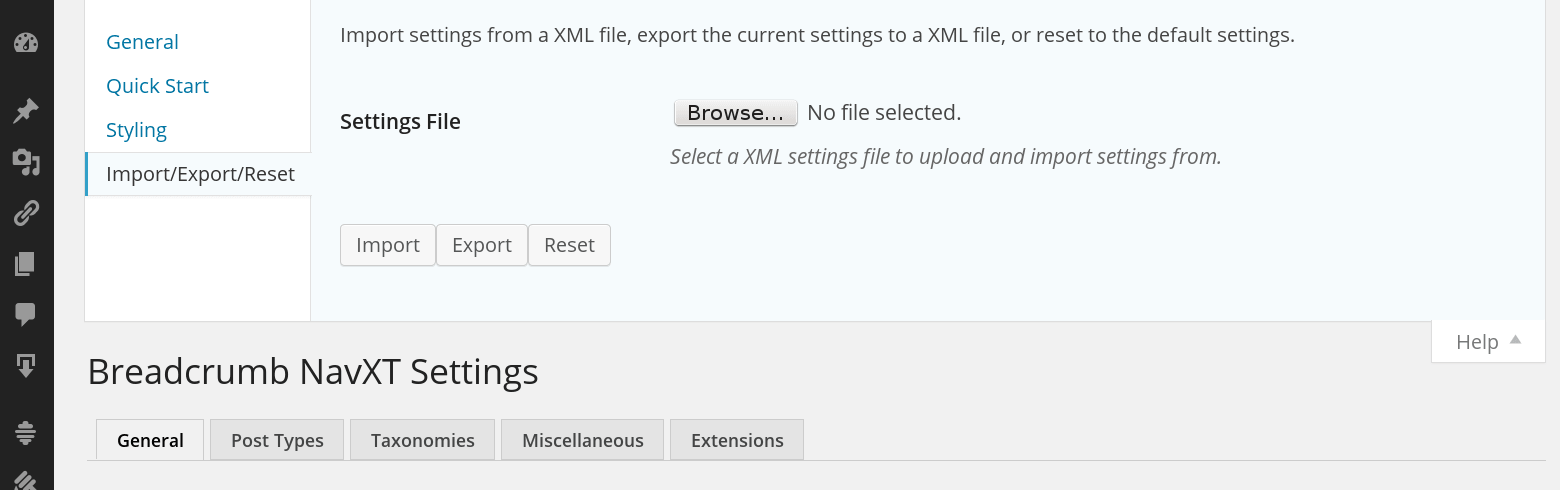A screenshot of the Settings Import/Export/Reset form under the Help menu