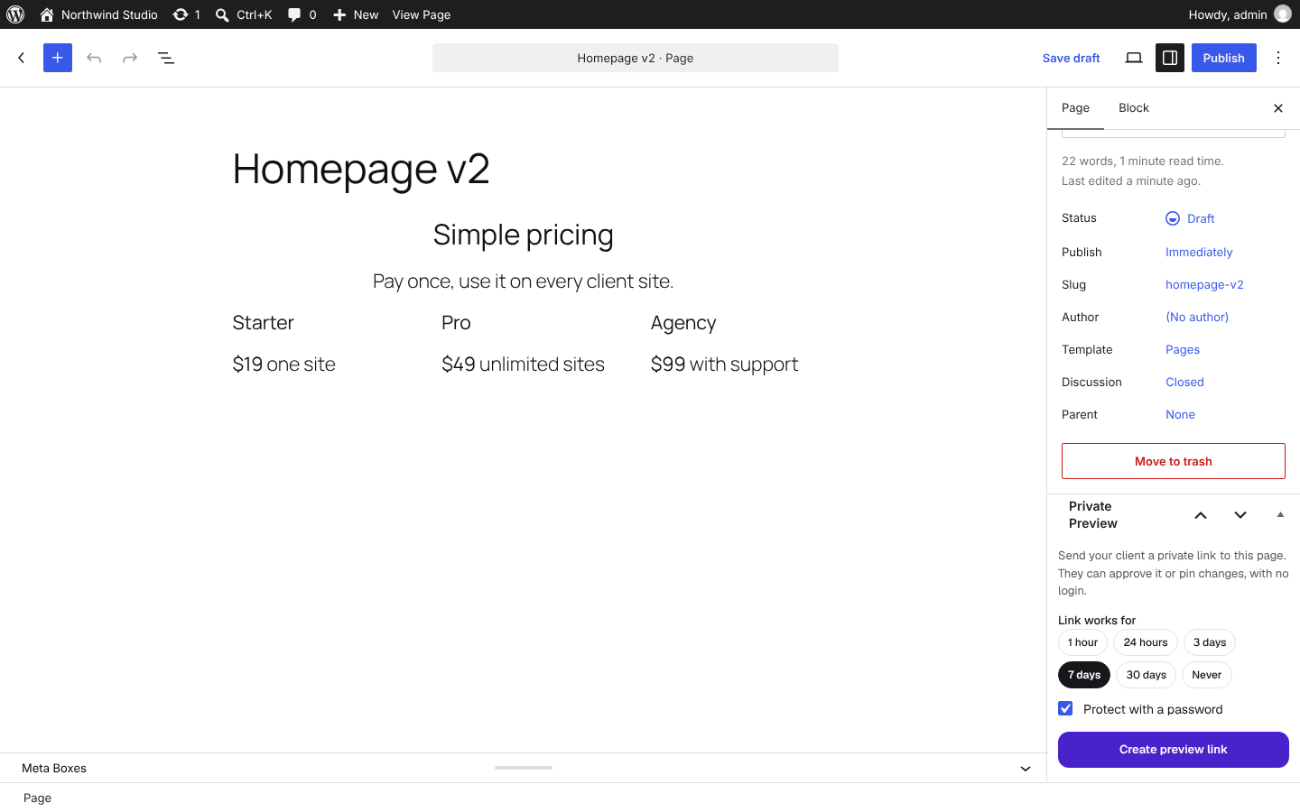 Step 1: Open any draft and use the Private Preview box. Pick how long the link works and whether it needs a password.