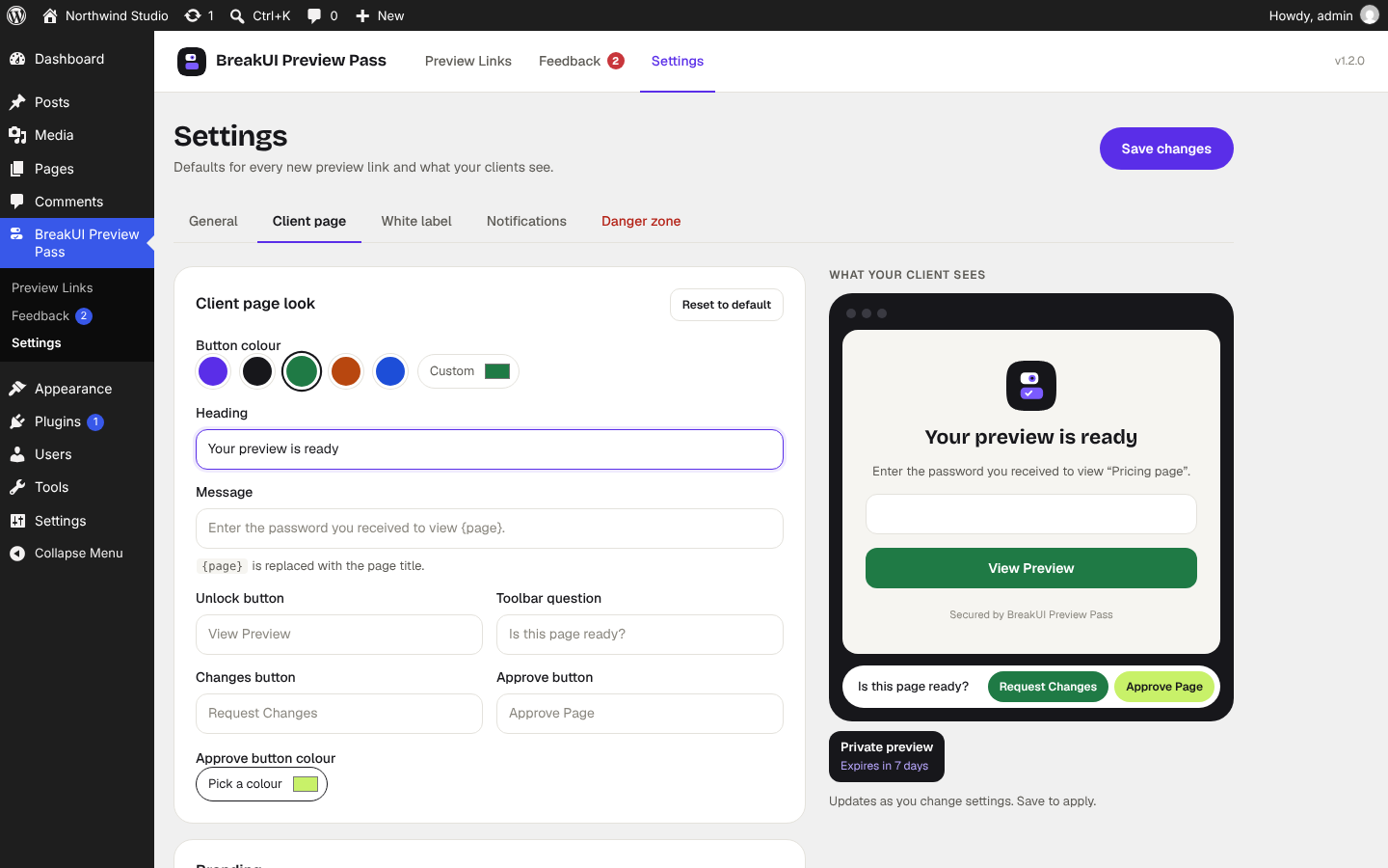 Settings: choose the button colours, logo and text your client sees, with a live preview.