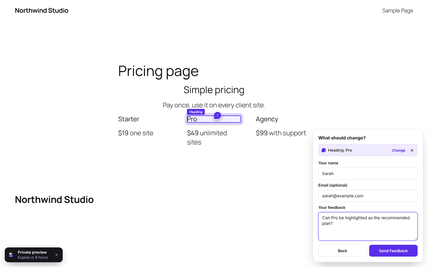 Step 5: To request a change, the client clicks the exact part of the page and writes a note. A screenshot is attached for you.