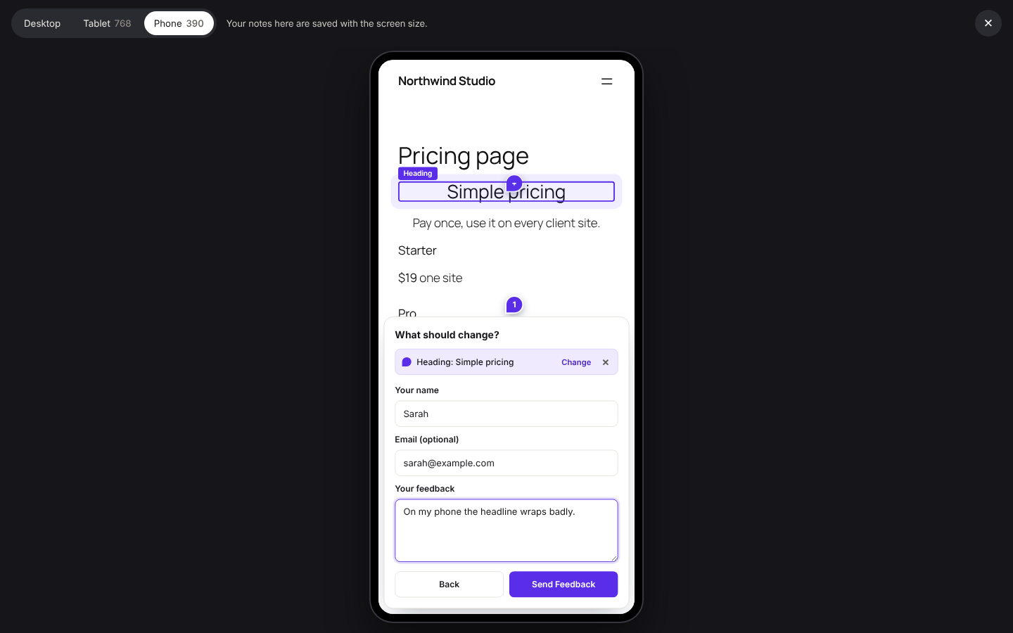 Step 6: Tablet and phone review. The client checks the page at phone size and leaves notes there. Each note keeps the screen size.