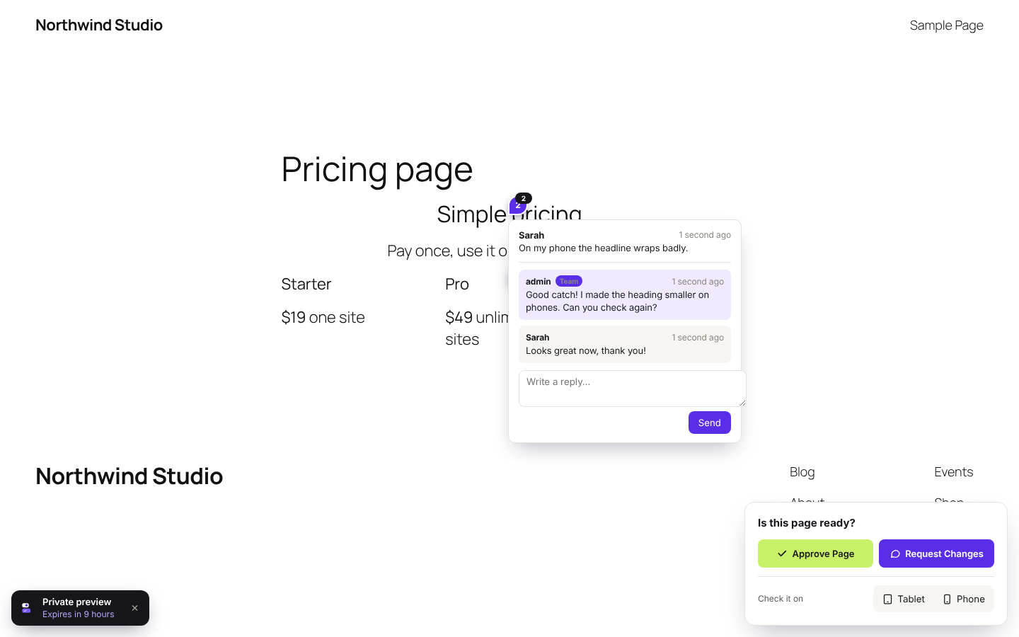Step 7: Reply threads. Your replies show on the pin, and the client can answer back right on the page.