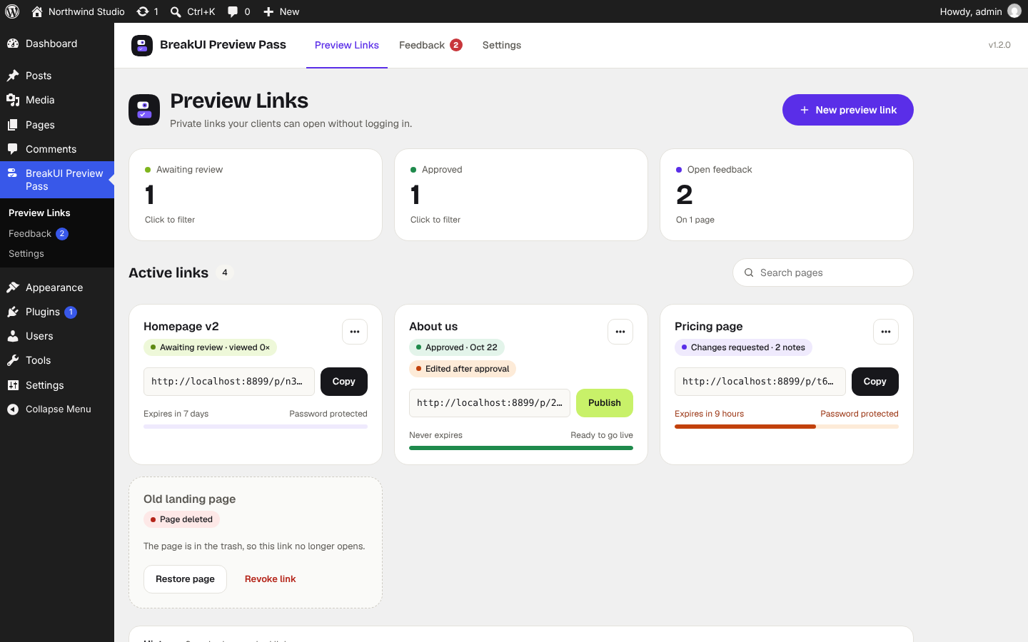 Step 8: The Preview Links dashboard shows every link, its review status, views and time left. Extend, revoke or publish from here.