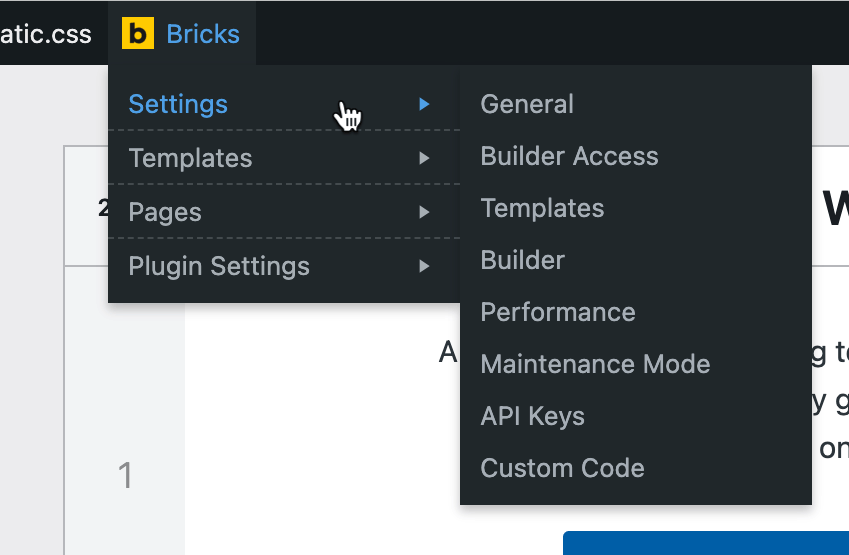 Screenshot showing the sub menu of Settings.