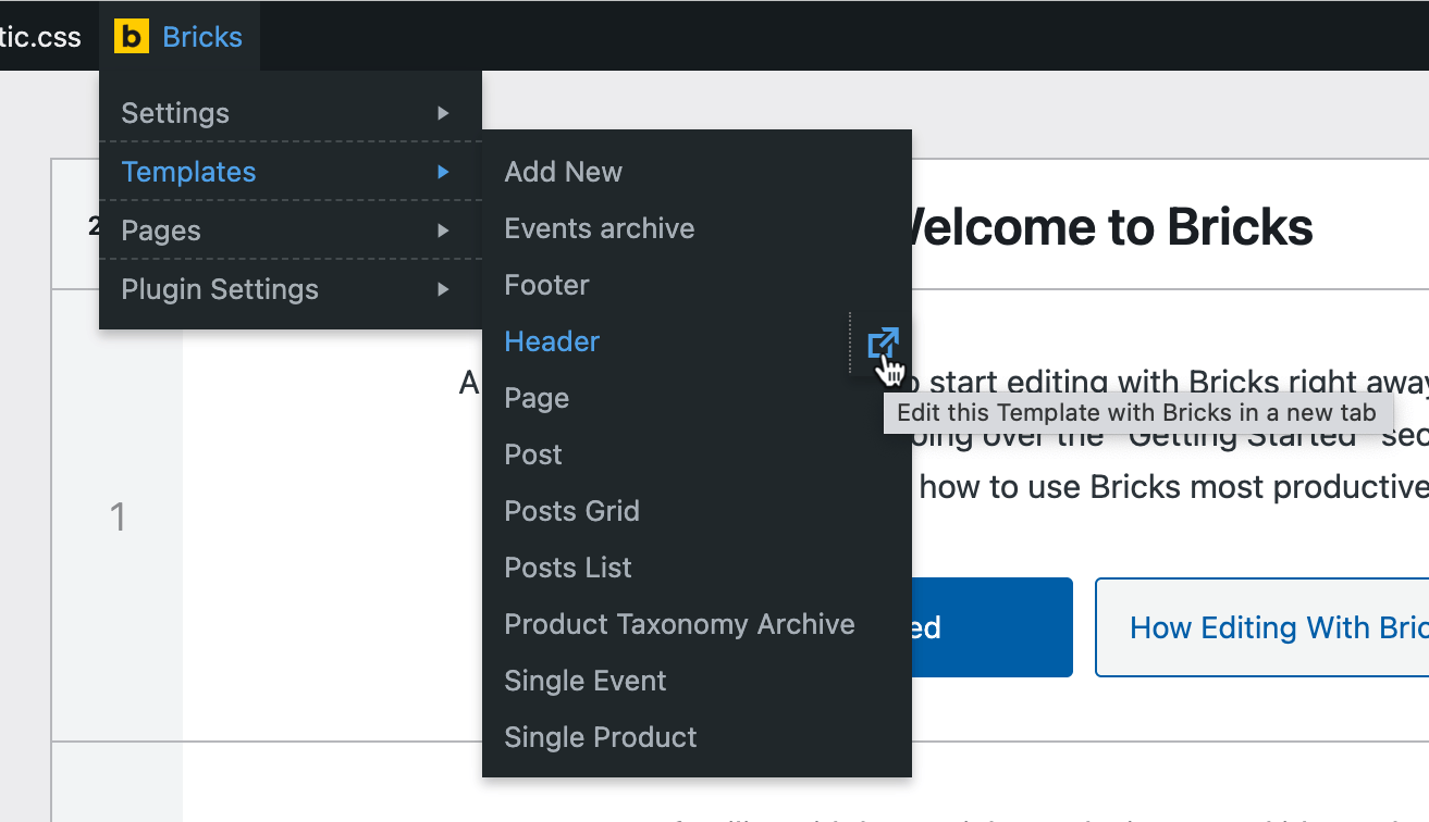 Screenshot showing 1-click direct link to edit the hovered Template directly with Bricks in a new tab.