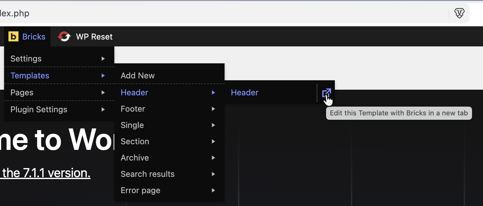 Screenshot showing 1-click direct link to edit the hovered Template directly with Bricks in a new tab.