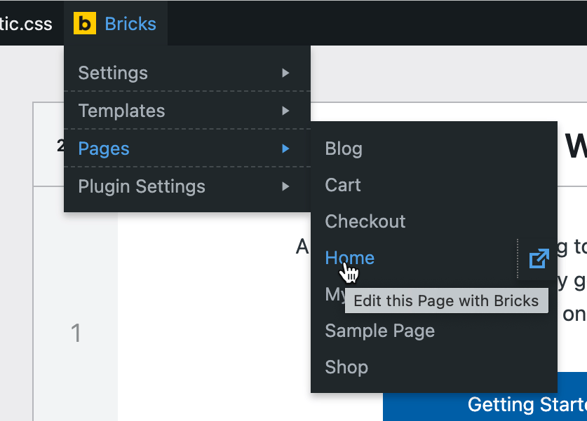 Screenshot showing 1-click direct link to edit the hovered Page directly with Bricks.