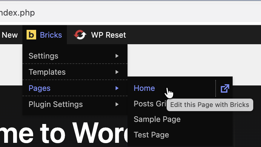 Screenshot showing 1-click direct link to edit the hovered Page directly with Bricks.